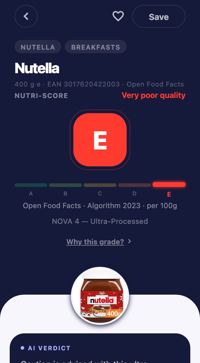 Prova result screen showing a Nutri-Score E for a hazelnut spread, with its source, algorithm and per-100 g basis