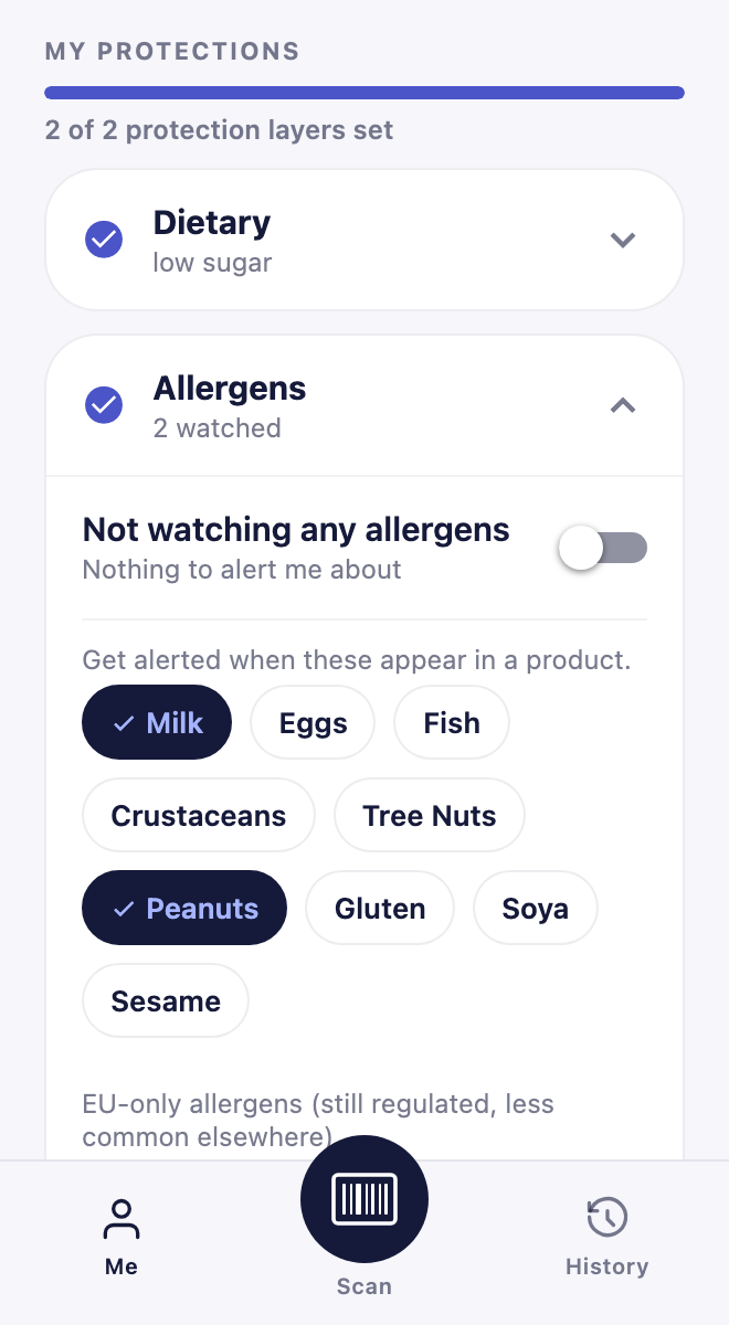 Prova profile screen with allergen chips and diet toggles selected