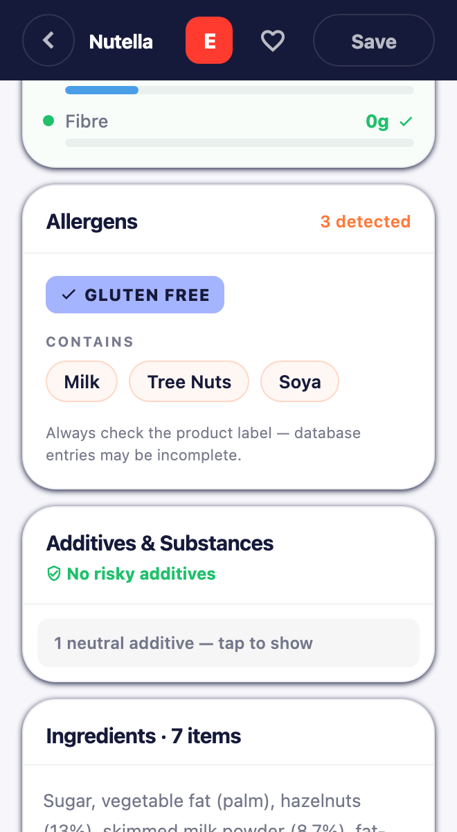 Prova result for a hazelnut spread showing its allergens, additives and ingredients under the grade header